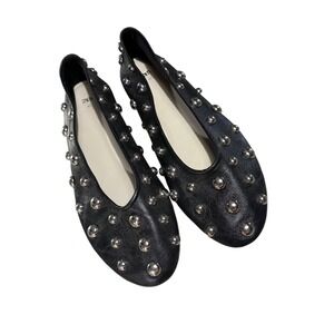 Zara Studded Ballet Flats Womens 41 Black Silver Stud Leather Edgy EUC